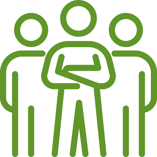 Outline icon of three people with one person in front having crossed arms, indicating leadership or authority.