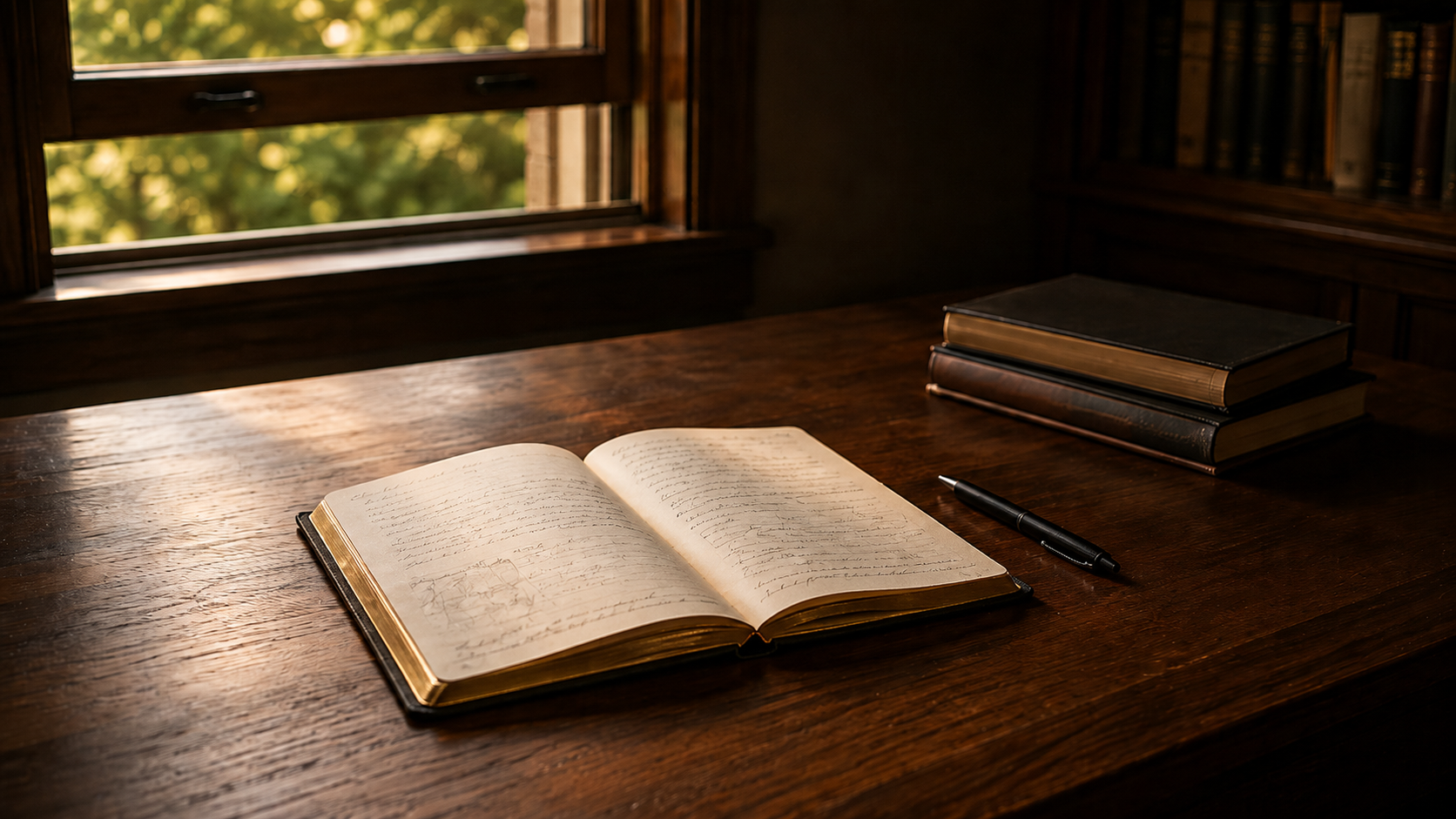 Open journal on a wooden desk beside a window.