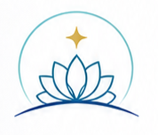 Simple line drawing of a lotus flower with a star above it, surrounded by a circle