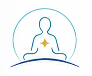 Simple line drawing of a person meditating with a star-shaped symbol on the chest and a glowing aura around the head.