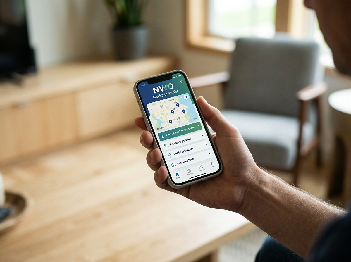 Person holding a smartphone displaying an app for stroke navigation with a map and options for emergency contact, symptoms, and resources.