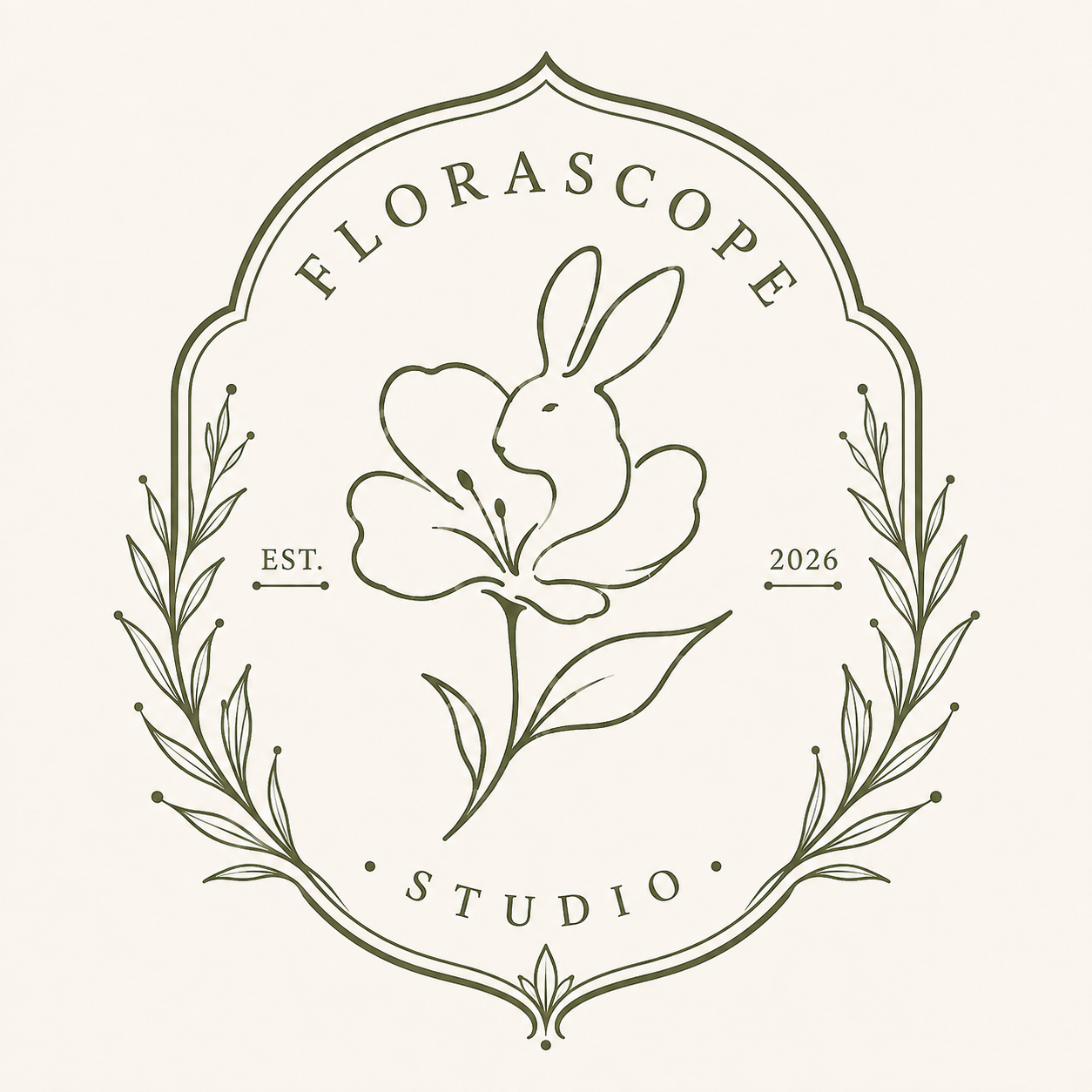 A logo for Florascape Studio, featuring a line drawing of a rabbit intertwined with a flower, surrounded by a laurel wreath and text that reads 'Florascape Studio, Est. 2026'.