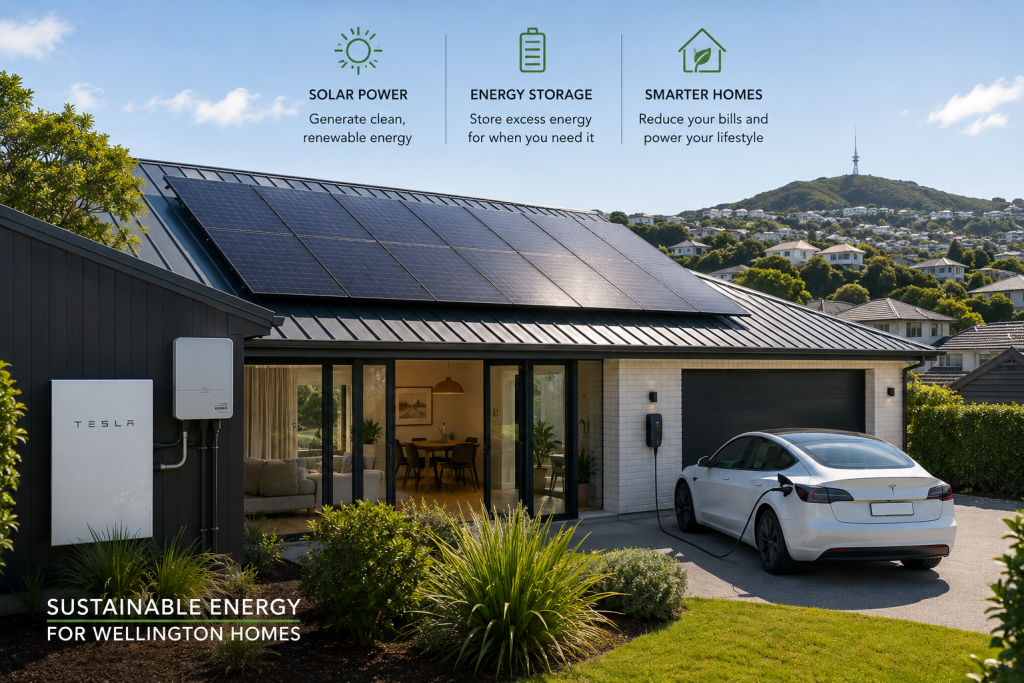 A modern house with solar panels on the roof, a white Tesla electric vehicle plugged in for charging, and outdoor greenery. The house features a garage and large glass doors leading inside. There are icons and text promoting solar power, energy storage, and smarter homes for renewable energy and cost efficiency.