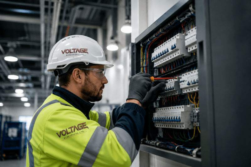 An electrician wearing a safety helmet and high-visibility jacket inspecting wiring inside an electrical panel.