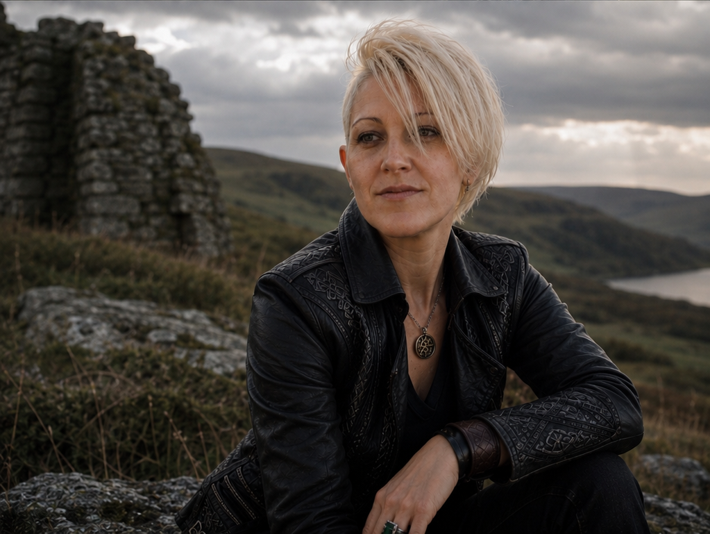 A woman with short blonde hair, wearing a black leather jacket and jewelry, sitting outdoors on rocks during cloudy weather with a landscape of hills and water in the background.