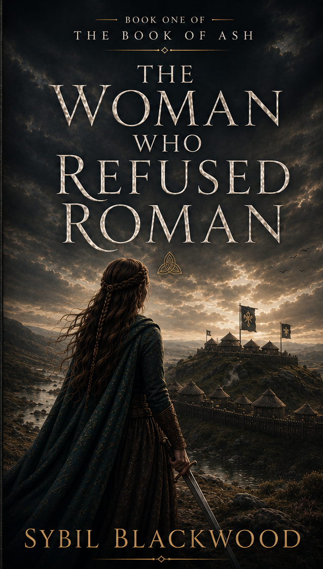 Book cover for 'The Woman Who Refused Roman' by Sybil Blackwood. Features a woman with long, braided hair, wearing a medieval-style dress and cape, holding a sword, with a castle and flags on a hill in the background under a dark, cloudy sky.