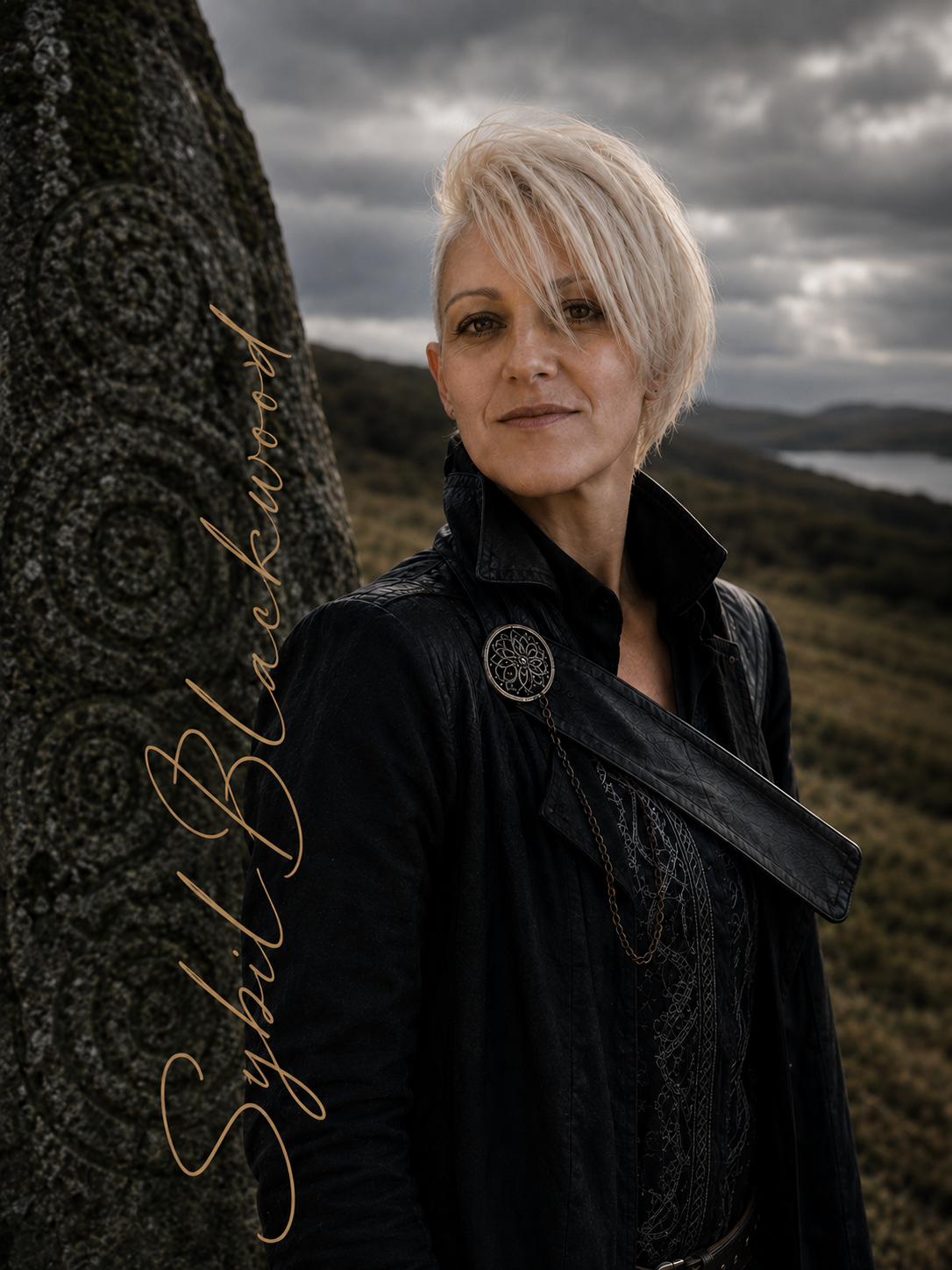 A woman with short blonde hair wearing a black leather jacket and black shirt, standing outdoors next to a carved stone monument with spirals, against a cloudy sky and a landscape of hills and a lake.