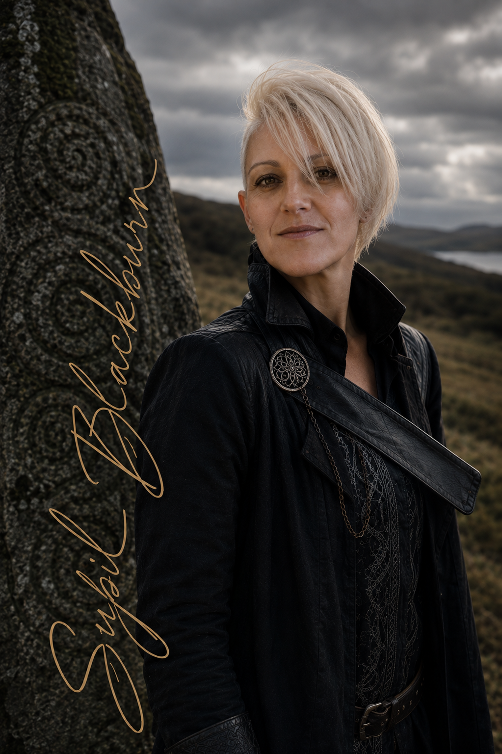 A woman with short blonde hair wearing a black leather jacket standing outdoors near a carved stone monument, with a landscape of hills and water in the background under a cloudy sky.