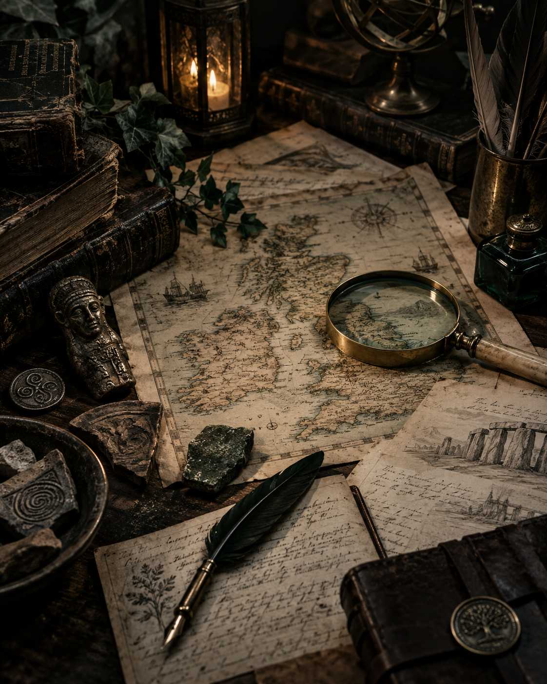 An antique map of the United Kingdom with a magnifying glass placed over it, surrounded by old books, a candle lantern, a feather quill, and historical artifacts on a wooden table.