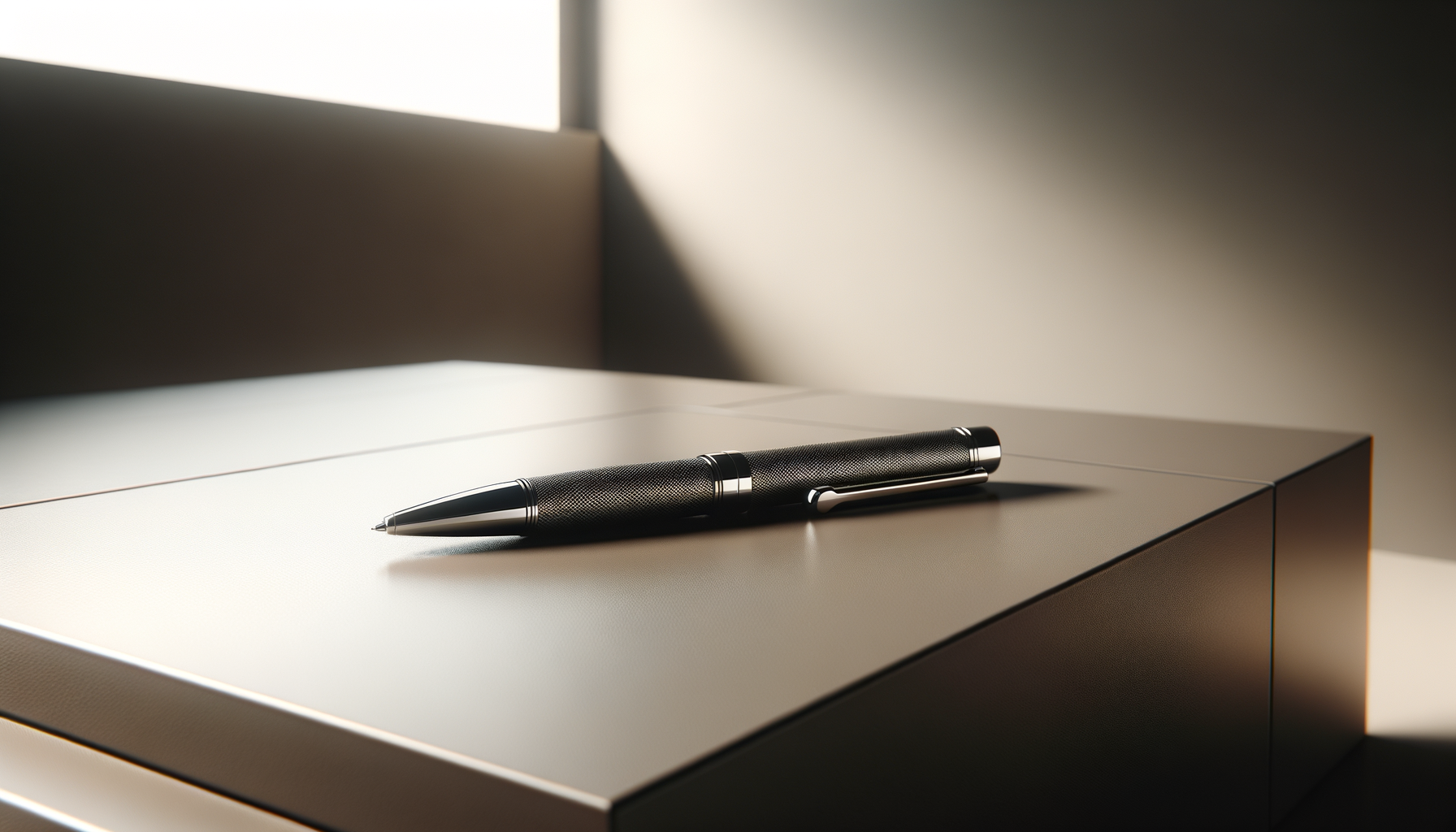 A black pen with metallic accents resting on a beige, textured desktop next to a window with sunlight.
