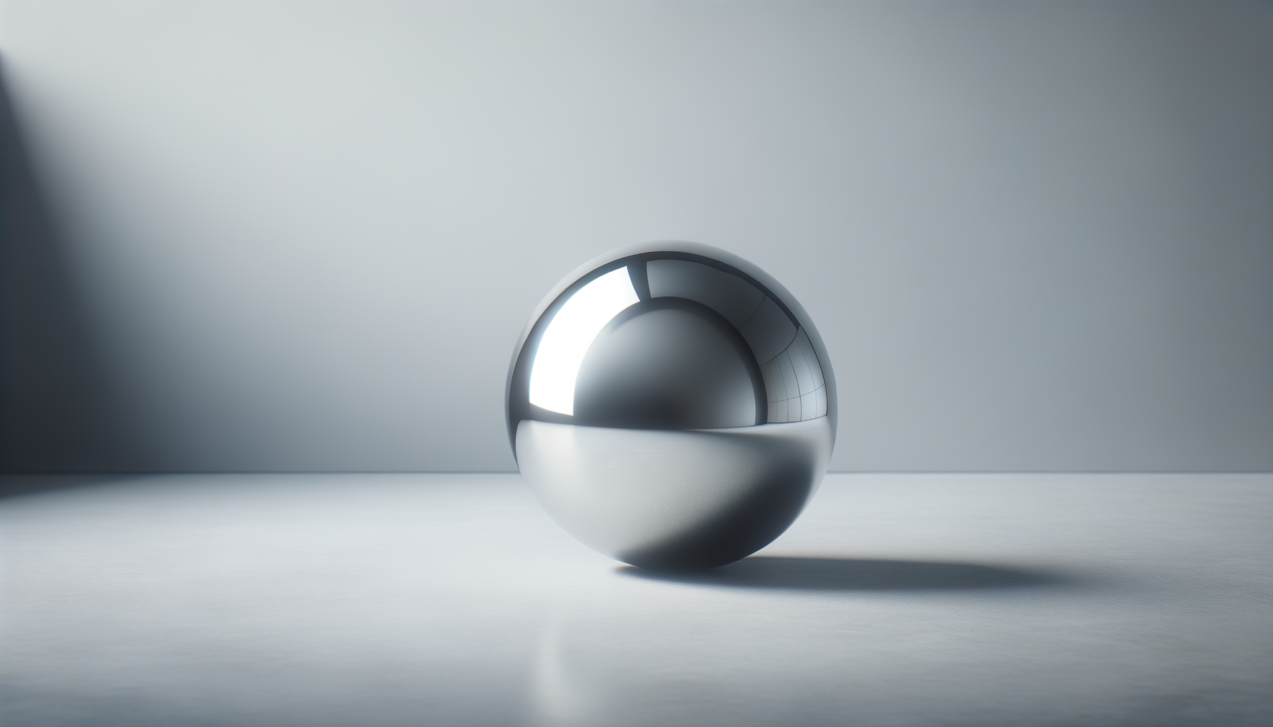A shiny metallic sphere sitting on a smooth white surface with a plain light gray background.