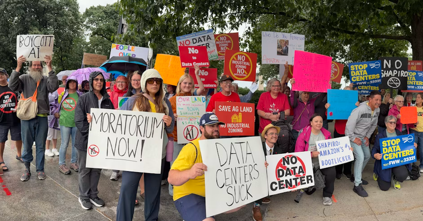 Group of protesters holding signs against data centers and industrial zoning during a rally outdoors.