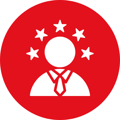 Icon of a person with a tie surrounded by five stars on a red circular background.
