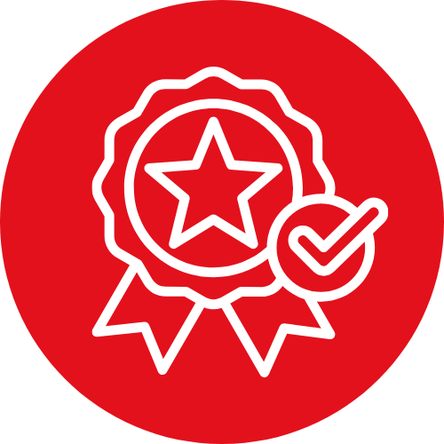 Award ribbon badge with a star and a checkmark on a red circular background.