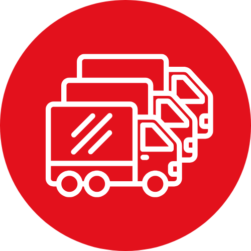 Icon of three delivery trucks on a red circular background.