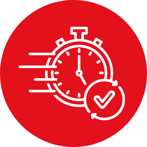 Icon of a stopwatch with motion lines and a checkmark in a circle, indicating urgency or quick approval, on a red background.