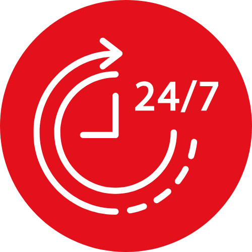 Red circular icon with a white clock and an arrow indicating 24/7 availability.