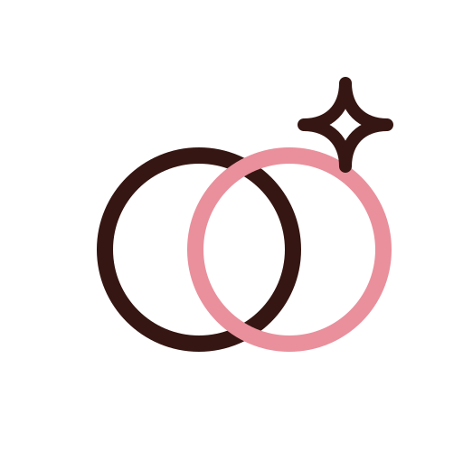 Line drawing of two overlapping rings, one pink with a star-shaped sparkle above it, symbolizing engagement or marriage.