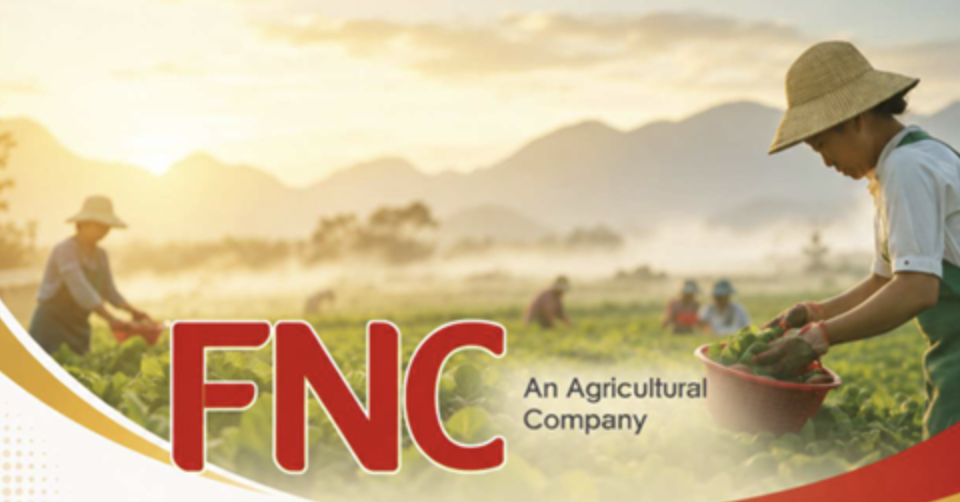 Farmers harvesting crops in a field at sunrise or sunset with mountains in the background and the text "FNC An Agricultural Company" in the foreground.