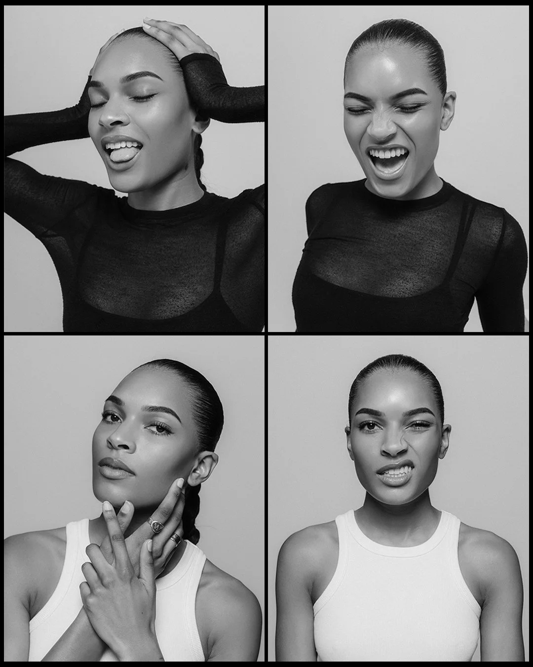 A collage of four black-and-white portraits of the same woman showing different facial expressions and poses.