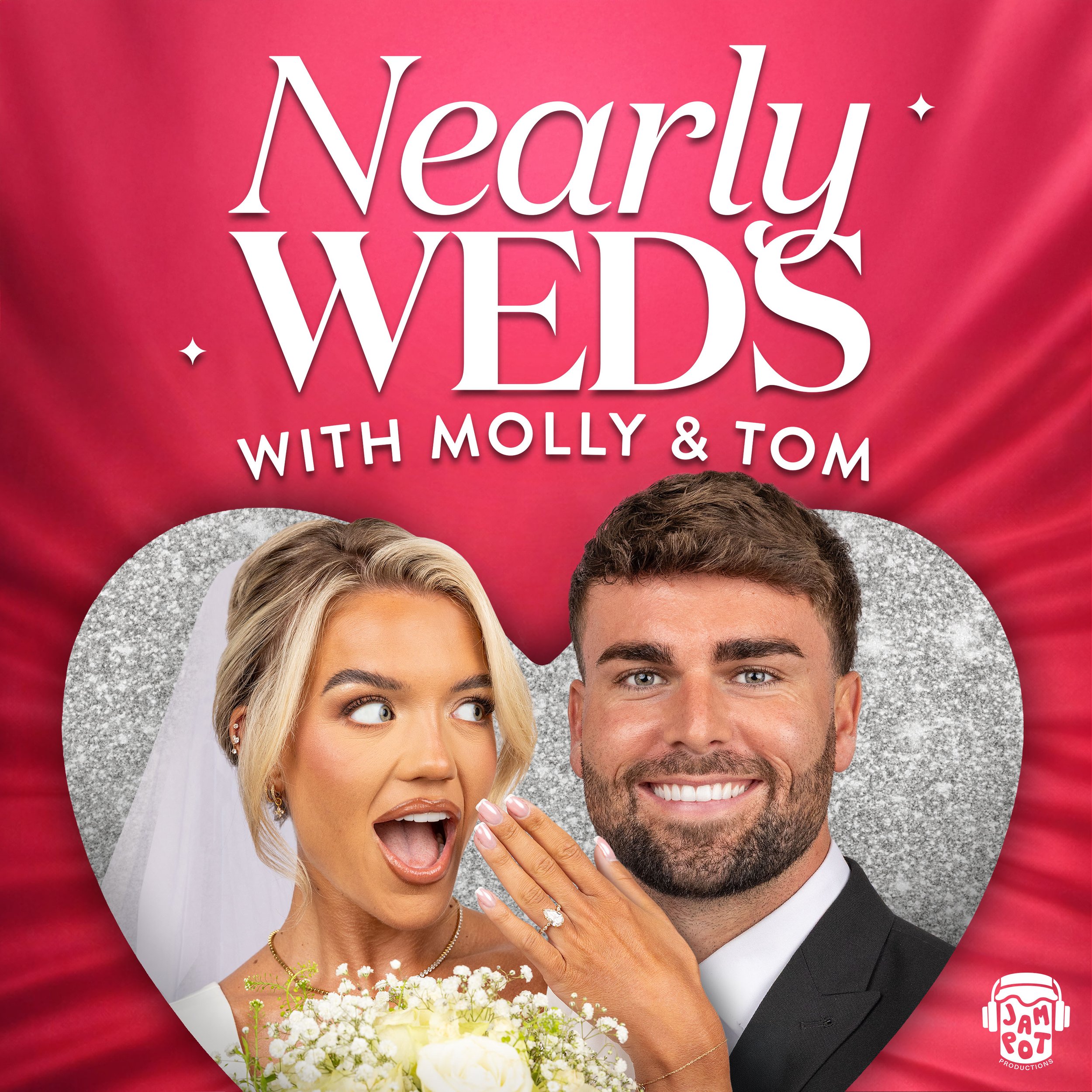 A married couple dressed in wedding attire, with the bride holding a bouquet of white flowers and the groom smiling, positioned inside a red heart shape with the text 'Nearly WEDS with Molly & Tom'.