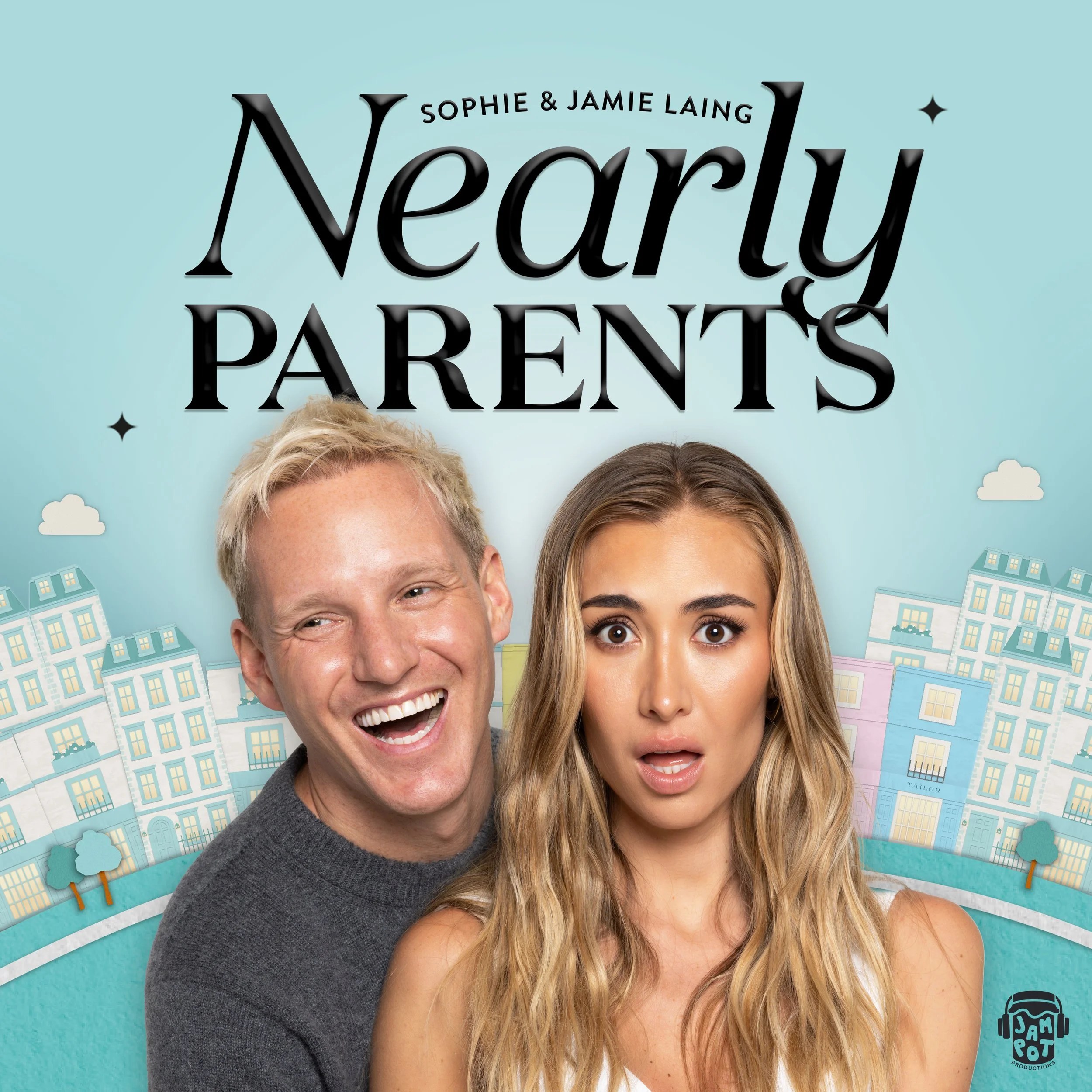 Close-up of two smiling adults, a man and a woman, with a background of animated cityscape and clouds. The image also features the title 'Nervously Parents' and the names 'Sophie & Jamie Laing' at the top.