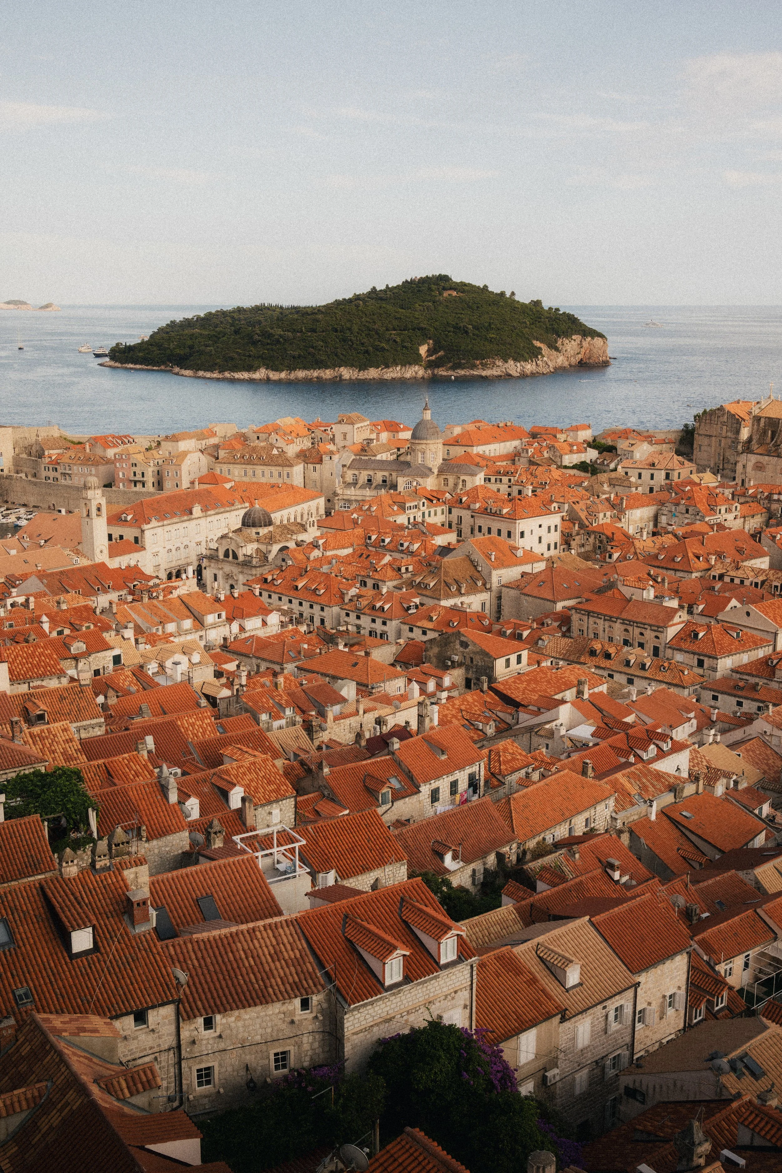 A cityscape of old European buildings with red tile roofs, a church with a dome and bell tower, and an island with greenery in the background across the water.