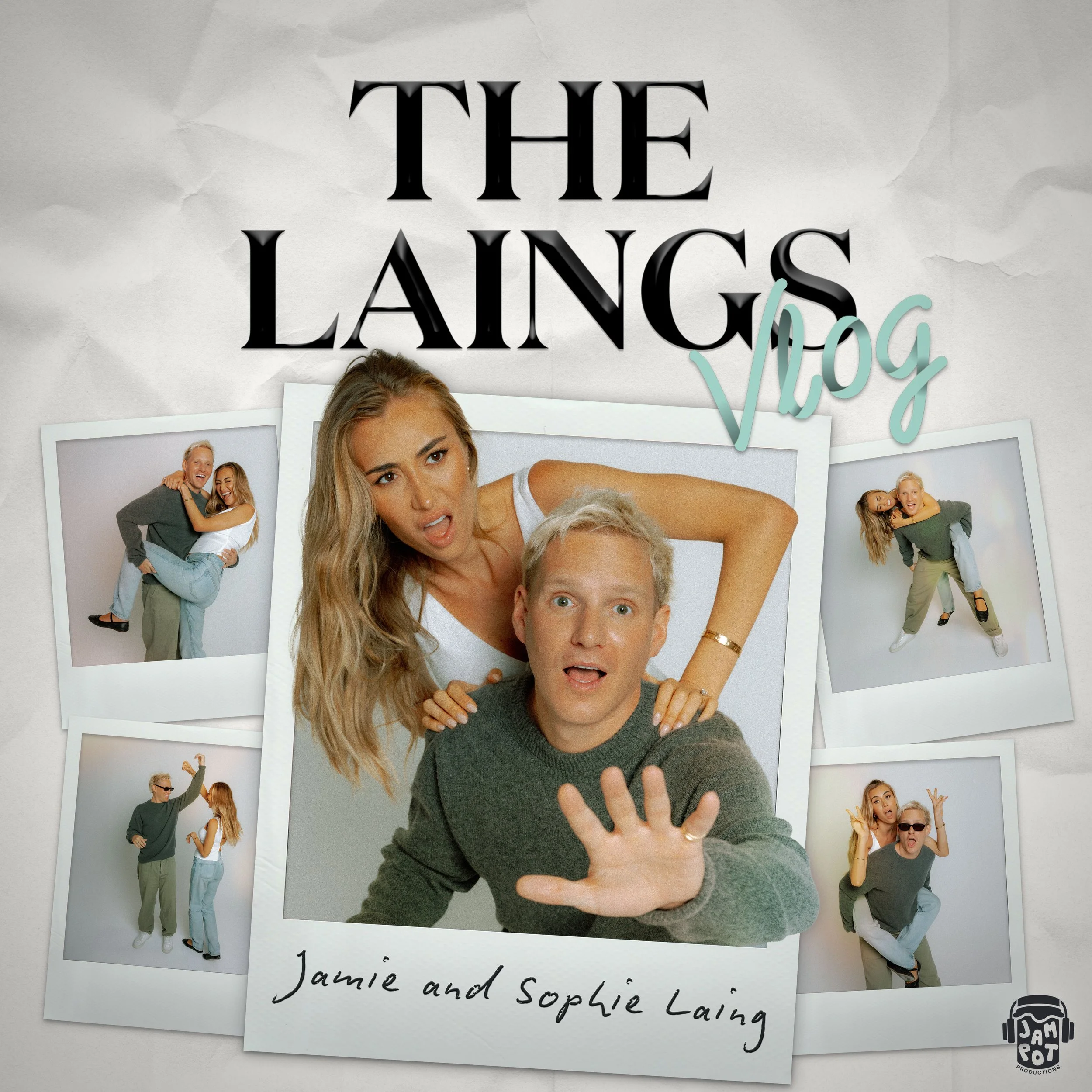 Photographs of two women and one man, with a background of layered paper and polaroid-style photos, overlaid with black text that reads "THE LainC" and a light blue script that says "Vlog." The bottom right corner has a logo for "PAMRAT PRODUCTION."