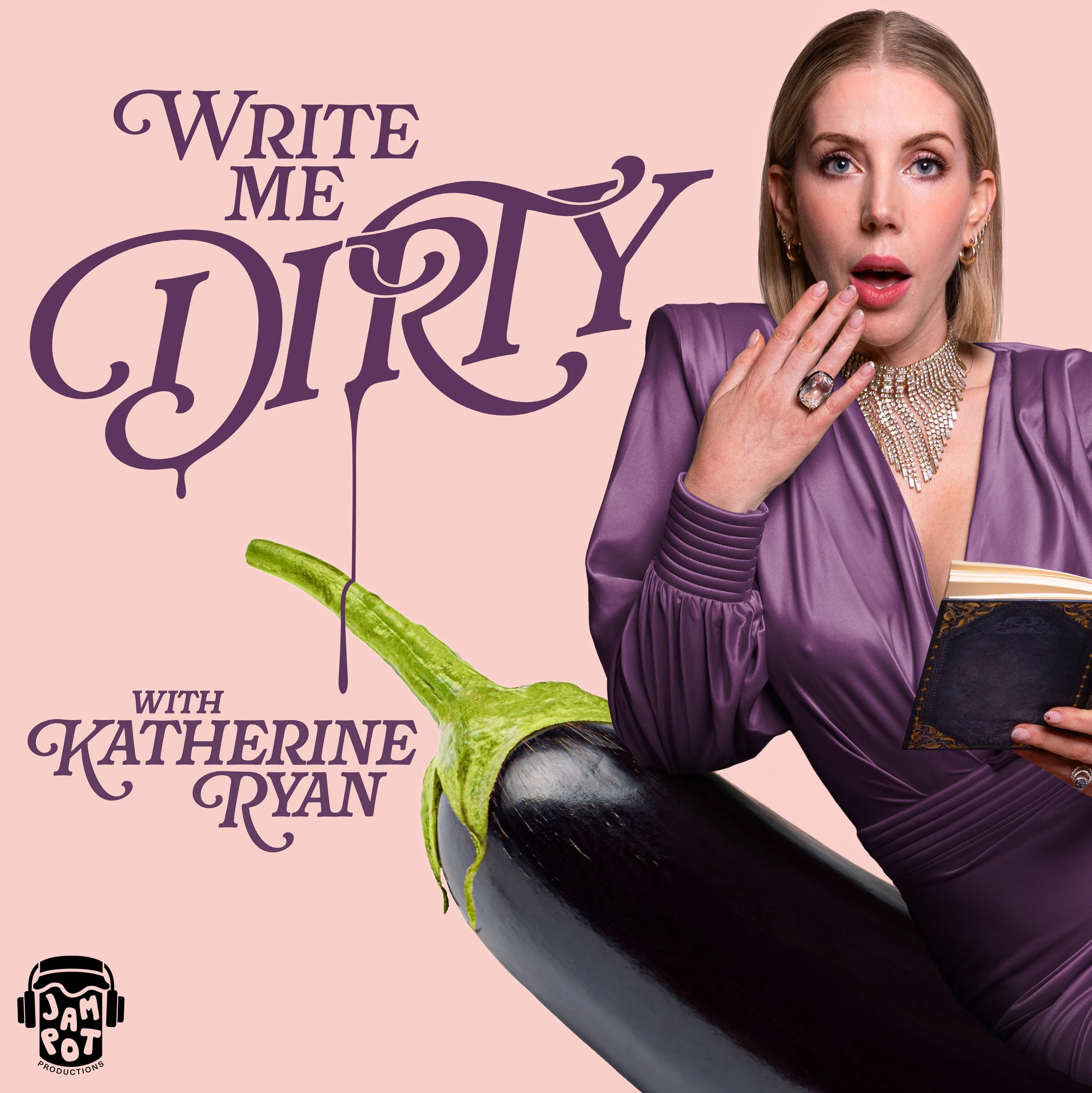 A woman with blonde hair and blue eyes wearing a purple satin top, jewelry, and rings, holding a book with a purple and gold cover, with the text "Write Me a Story with Katherine Ryan" and a green stem with leaves.