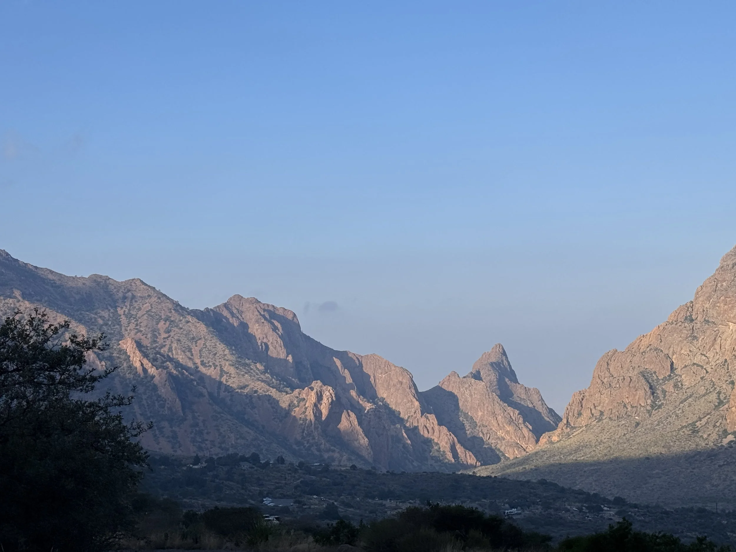 Mountain range with rugged peaks under a clear blue sky, with some trees in the foreground.