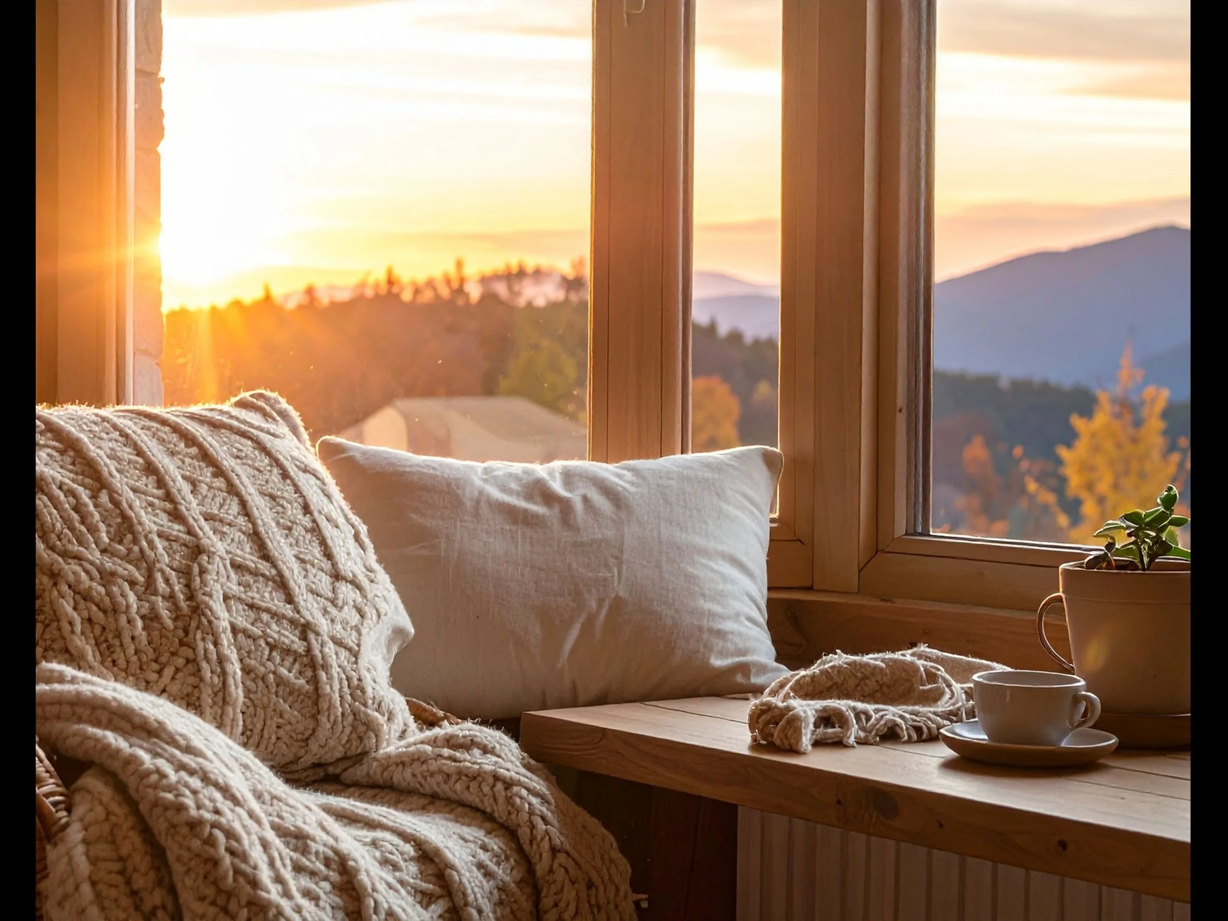 Sunrise view from a cozy room with a bed covered in knitted blankets and pillows, a wooden table with a cup of coffee and a small plant, and an open window showing mountains and trees in the distance.