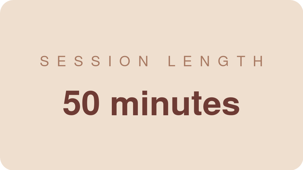 Graphic displaying text about a session length of 50 minutes with a beige background.