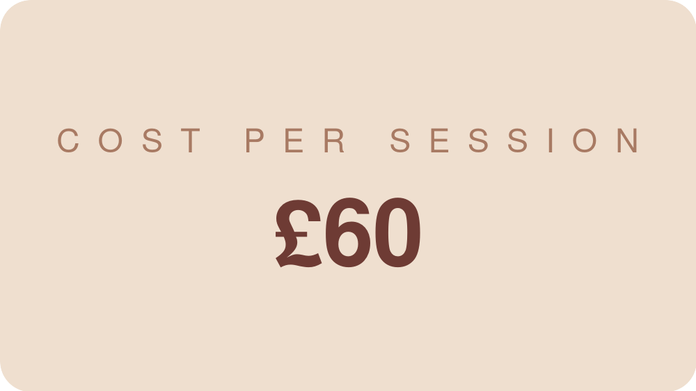 Graphic displaying a cost per session of £60 on a beige background with brown text.