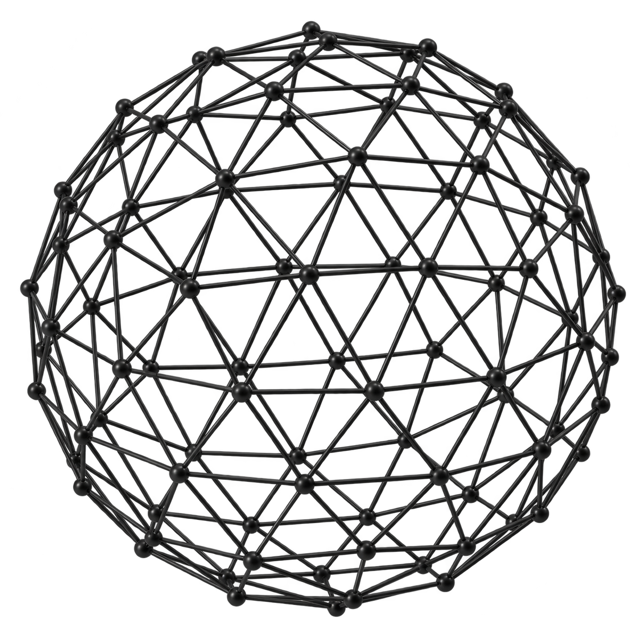 A black geometric wireframe sphere with interconnected nodes and lines against a transparent background.
