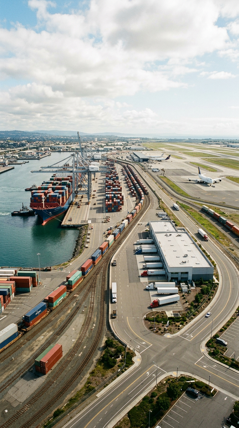 Aerial view of a port with cargo containers, a large ship, railway tracks, trucks, a parking lot, a commercial building, and an airplane on runway.