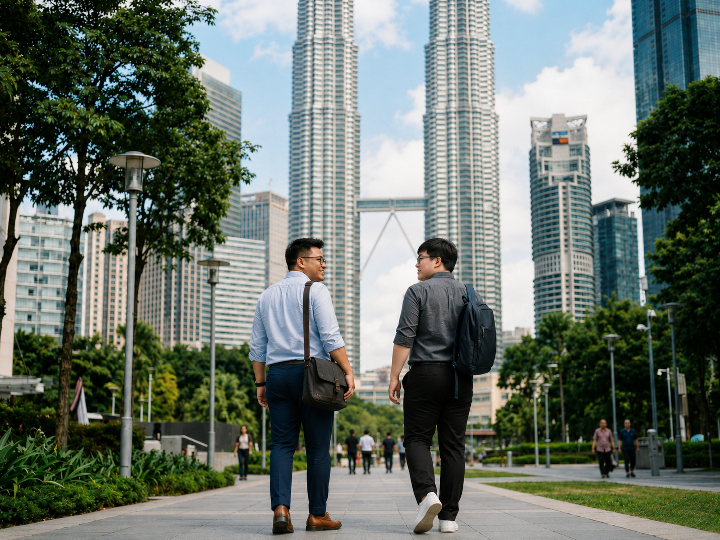 Two men walking and talking in an urban park with tall skyscrapers, including the Petronas Towers, in the background.