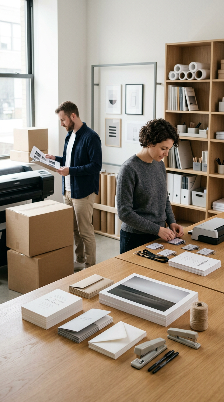 Two people working in a modern office or studio, one man with papers and a woman assembling printed materials on a wooden table filled with stacks of printed items, office supplies, and packaging tools.
