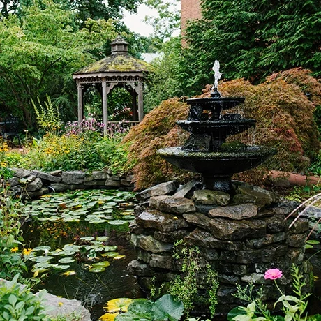A garden with a pond filled with lily pads, a tiered black fountain on a stone base, and a wooden gazebo in the background surrounded by greenery and colorful plants in the English garden at Warfield's restaurant in Clifton Springs, NY..