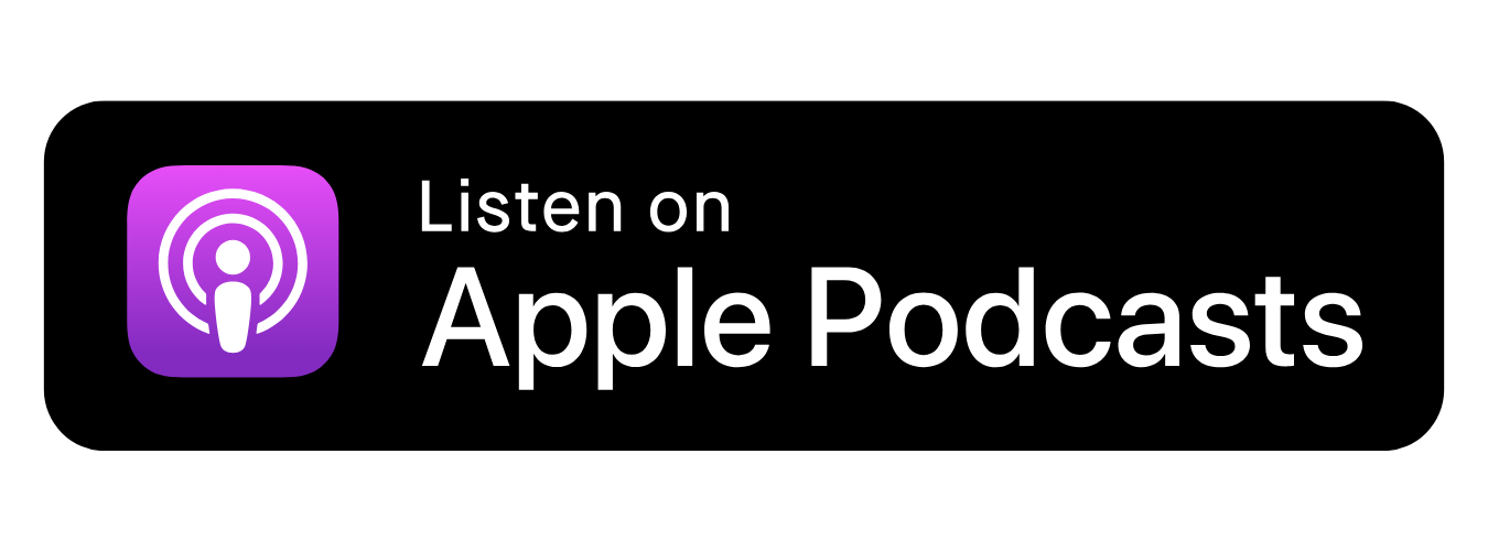 Apple Podcasts logo with purple icon and white text, 'Listen on Apple Podcasts' on a black background.
