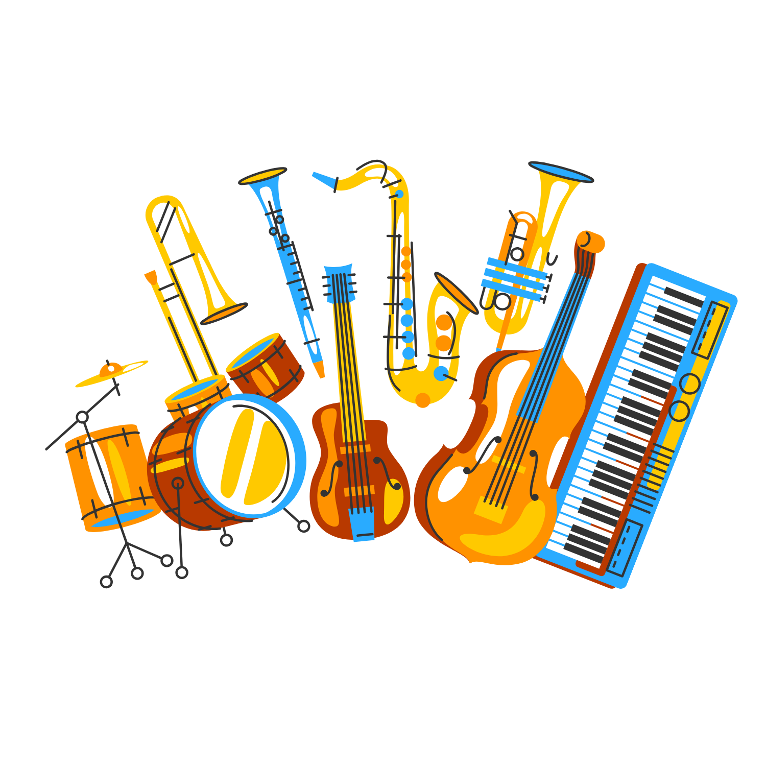 Colorful illustration of various musical instruments including drums, trumpet, trombone, saxophone, violin, guitar, keyboard, and a microphone, set against a black background.