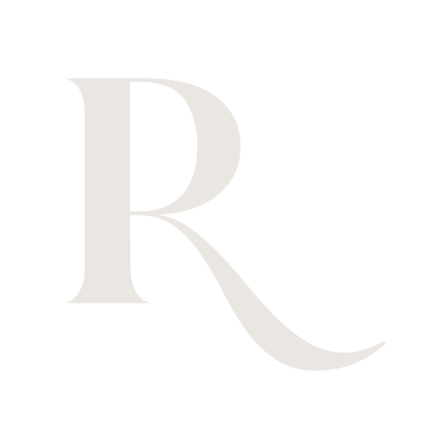 A large, stylized letter R in white on a black background.