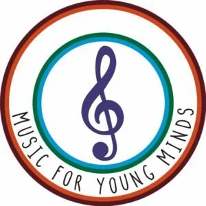 A logo with a musical note inside concentric circles. The outer circle has a red border, the next circle is green, and the innermost circle is white. The text "MUSIC FOR YOUNG MINDS" is written around the inner circle.