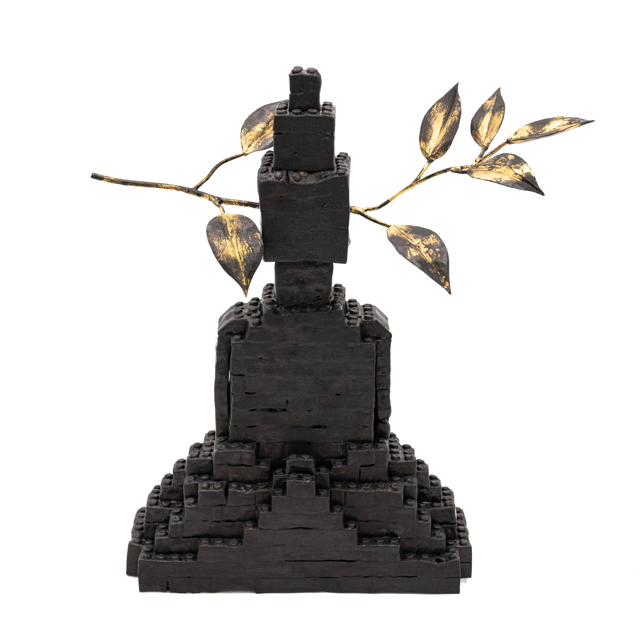 SHIKŌ #3, a black Buddha sculpture made from lacquered Lego bricks, with hand-carved gold-leafed branches and leaves extending from either side.