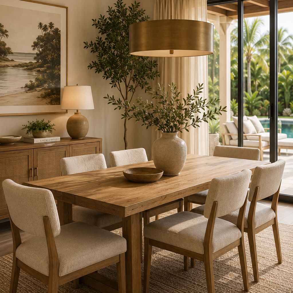A cozy dining room with a wooden table, six upholstered chairs, a large ceramic vase with greenery, a sideboard with a table lamp, a framed picture of a tropical beach, and a glass sliding door leading to an outdoor patio with palm trees and outdoor furniture.