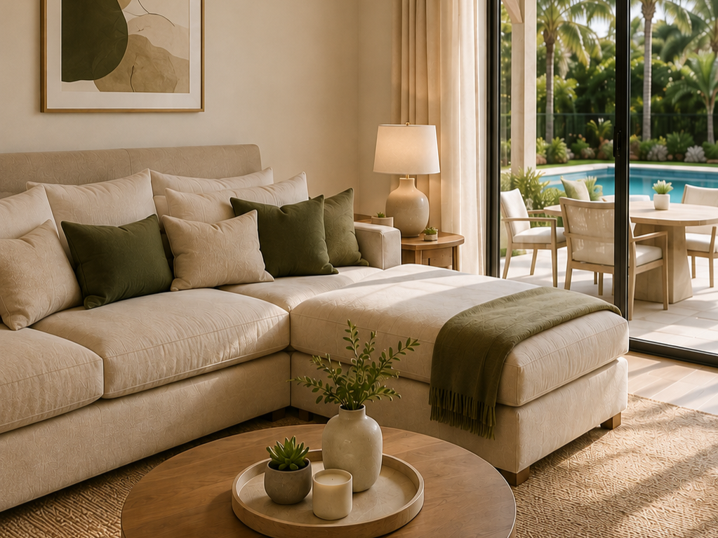 Living room with beige sectional sofa and green and beige pillows, a round wooden coffee table with potted plants, a lamp, and sliding glass doors leading to an outdoor patio with a dining area and pool surrounded by tropical plants.