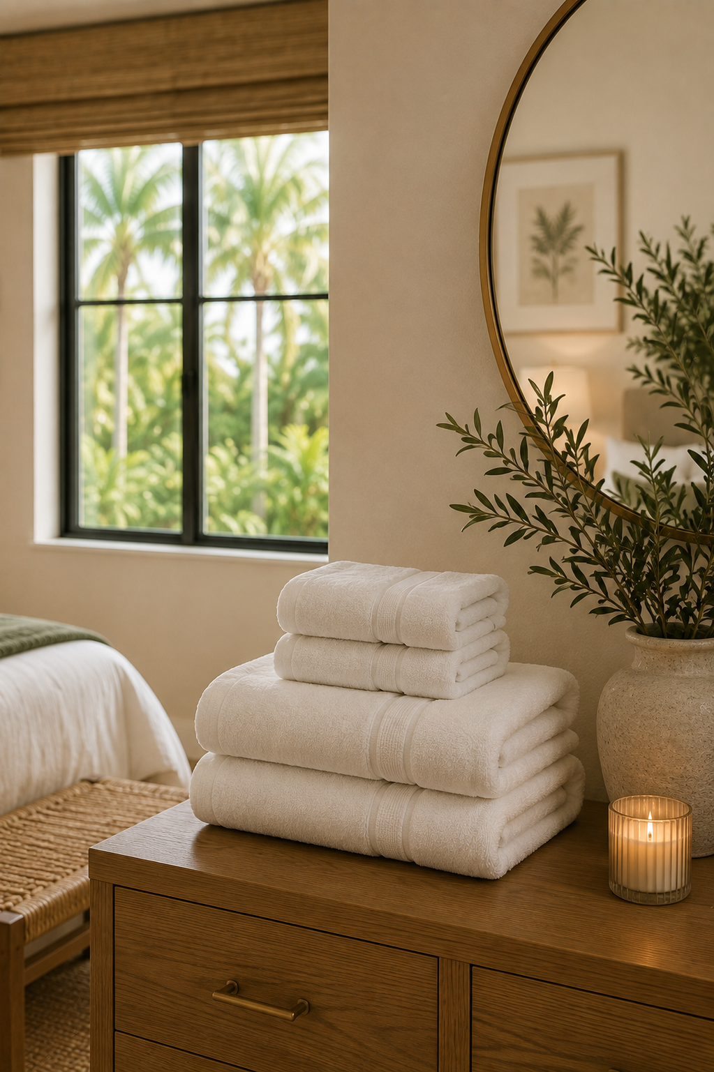 A bedroom with neatly folded white towels on a wooden dresser, a lit candle, a round mirror, a potted plant, a framed botanical print on the wall, and a window showing palm trees outside.