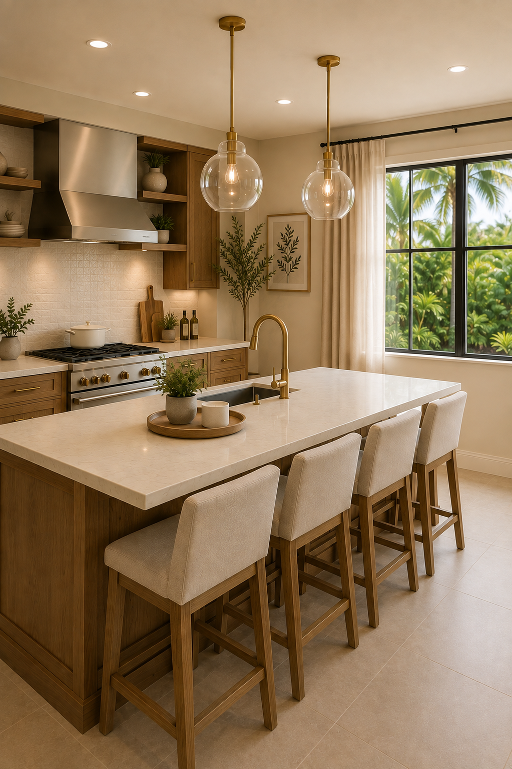 A modern kitchen with a large island, beige upholstered bar stools, wooden cabinets, a gas stove, a stainless steel range hood, and large window with a view of green trees. Decor includes potted plants, framed botanical prints, and pendant lights.