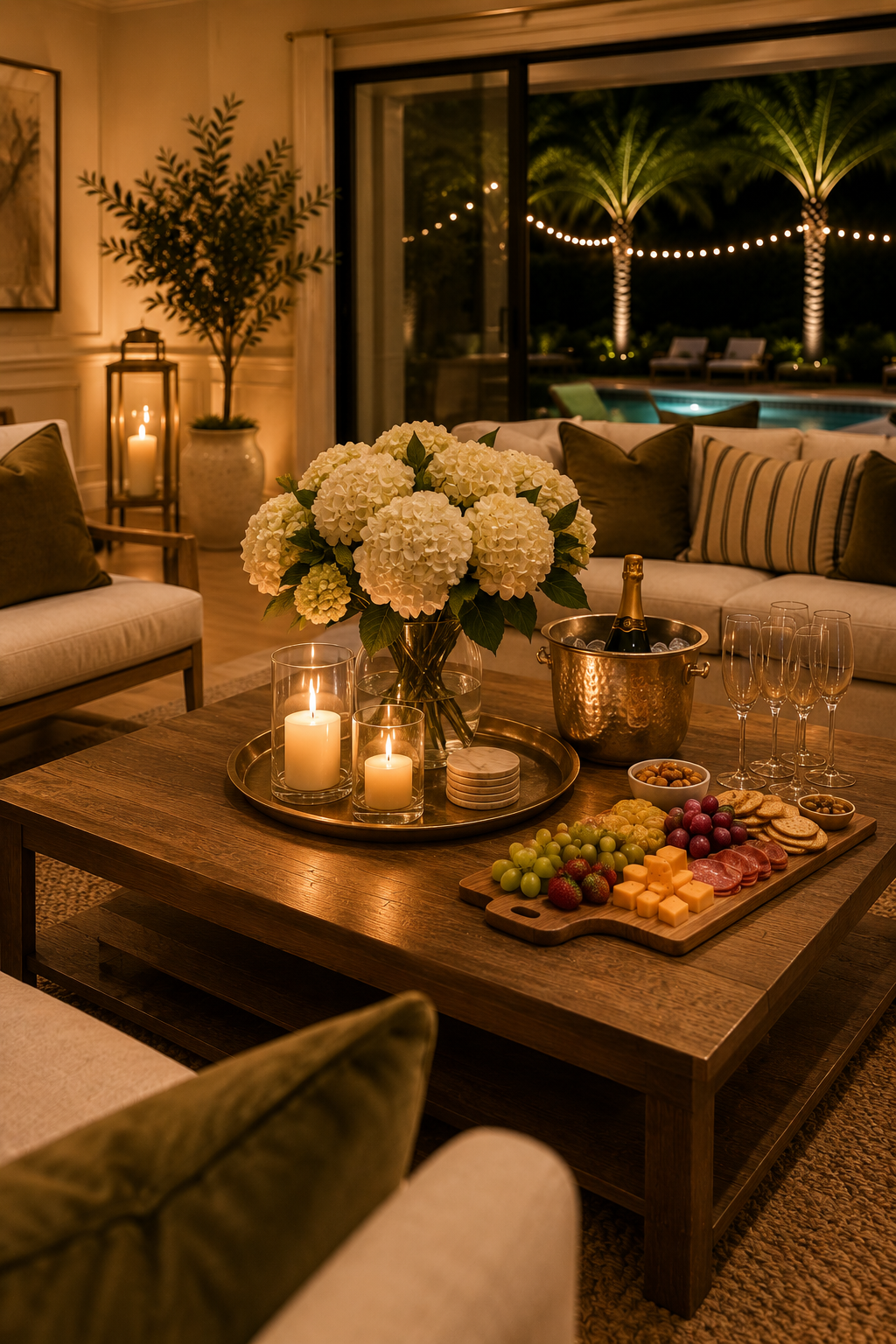 Indoor living room decorated for evening with candles, white hydrangea bouquet, charcuterie spread, and champagne, with sliding glass door leading outside to a pool area lit by string lights.
