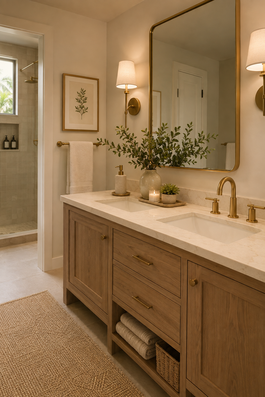 A bathroom vanity with a large mirror, gold fixtures, and a marble countertop. There are plant decorations, a soap dispenser, and small candles on the counter. The bathroom has a walk-in shower in the background with a window and beige tiles.