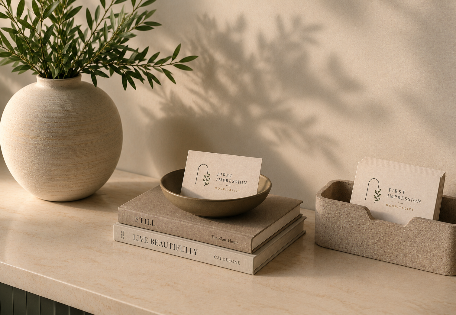Decorative beige vase with green leafy branch, stacked books titled "Still" and "Live Beautifully," small bowl holding business cards with "First Impression Hospitality," and a textured beige container with more cards, all on a light-colored surface with a soft shadow.